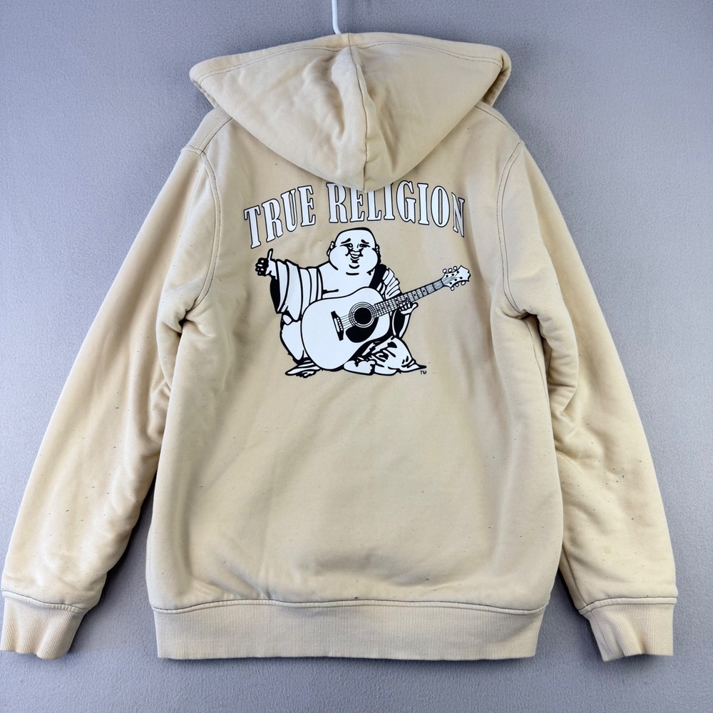True Religion Buddha Sherpa Zip Hoodie Mens Medium Beige Graphic Sweatshirt Y2K
